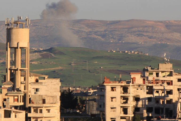 Assad regime hits Syria's Idlib- - IDLIB, SYRIA - MARCH 9 : Smoke rises after war planes belonging to Assad Regime's army carried out airstrikes at the de-escalation zone 'Jisr al-Shughur district of Idlib, Syria on March 9, 2019.