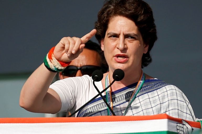Priyanka Gandhi Vadra, a leader of India's main opposition Congress party, addresses her party's supporters during a public meeting in Gandhinagar, Gujarat, India, March 12, 2019. REUTERS/Amit Dave