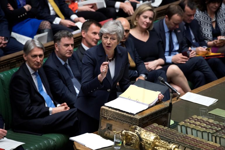 British Prime Minister Theresa May speaks at the House of Commons as she faces a vote on alternative Brexit options in London, Britain March 27, 2019. ©UK Parliament/Jessica Taylor/Handout via REUTERS ATTENTION EDITORS - THIS IMAGE WAS PROVIDED BY A THIRD PARTY