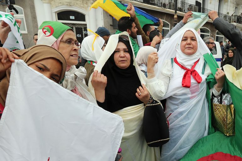 epa07422225 Algerians protest against the fifth term of Abdelaziz Bouteflika in Algiers, Algeria, 08 March 2019. Algerian authorities on 01 March braced for what are expected to be the largest protests in the Algerian capital in over a decade. Several protests and rallies were held in Algeria since Bouteflika serving as the president since 1999, announced he will be running for a fifth term in presidential elections scheduled for 18 April 2019. EPA-EFE/MOHAMED MESSARA