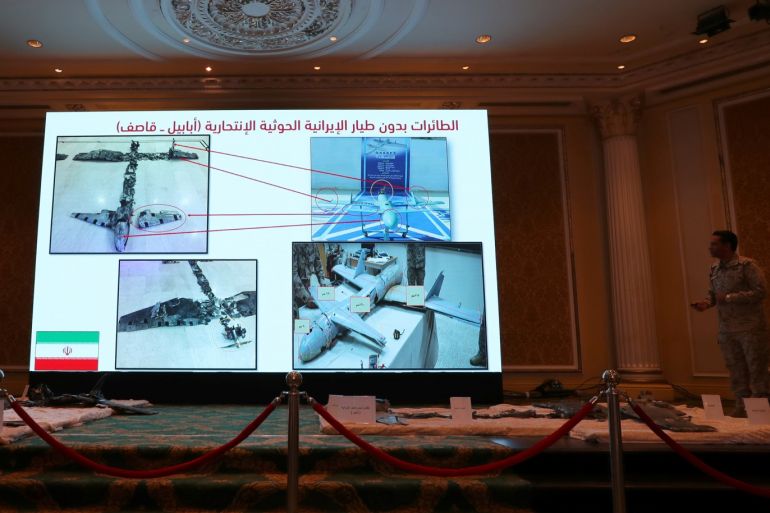 Saudi-led coalition spokesman, Colonel Turki al-Malki, displays Iran-aligned Houthi drones, brought down April 11, over Jizan and Abha, during a news conference in Khobar, Saudi Arabia April 16, 2018. REUTERS/Hamad I Mohammed