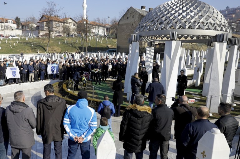 Bosnia and Herzegovina marks Independence Day- - SARAJEVO, BOSNIA AND HERZEGOVINA - MARCH 01: Members of the Council of Presidency of Bosnia and Herzegovina, Sefik Dzaferovic and Zeljko Komsic, politicians, soldiers and Bosnian citizens attend a ceremony at the at Martyrs' Memorial Cemetery Kovaci during the 27th anniversary of the national independence from the Socialist Federal Republic of Yugoslavia in 1992, in Sarajevo, Bosnia and Herzegovina on March 01, 2019.