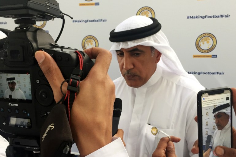 UAE sports chief Mohammed Khalfan al-Romaithi speaks to the media after the launch of his campaign for president of the Asian Football Confederation (AFC) at the Louvre Abu Dhabi, United Arab Emirates March 7, 2019. REUTERS/Alexandre Cornwell