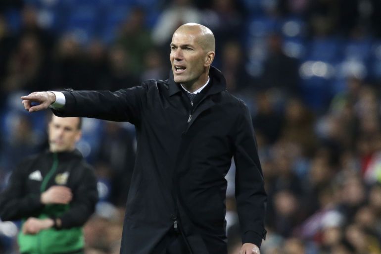 MADRID, SPAIN - MARCH 31: Zinedine Zidane, Manager of Real Madrid during the La Liga match between Real Madrid CF and SD Huesca at Estadio Santiago Bernabeu on March 31, 2019 in Madrid, Spain. (Photo by Gonzalo Arroyo Moreno/Getty Images)