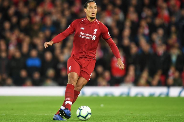 LIVERPOOL, ENGLAND - APRIL 26: Virgil van Dijk of Liverpool in action during the Premier League match between Liverpool FC and Huddersfield Town at Anfield on April 26, 2019 in Liverpool, United Kingdom. (Photo by Michael Regan/Getty Images)