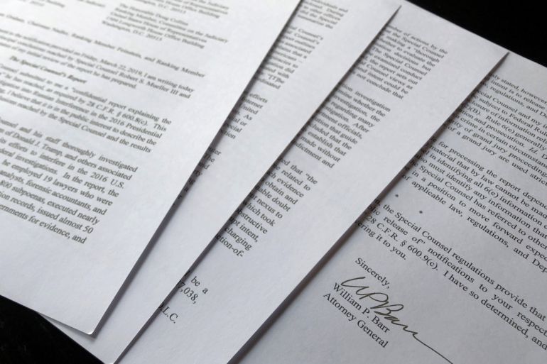 U.S. Attorney General William Barr's signature is seen at the end of his four page letter to U.S. congressional leaders on the conclusions of Special Counsel Robert Mueller's report on Russian meddling in the 2016 election after the letter was released by the House Judiciary Committee in Washington, U.S. March 24, 2019. REUTERS/Jim Bourg TPX IMAGES OF THE DAY