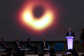 Scientists unveil first ever image of a black hole- - BRUSSELS, BELGIUM - APRIL 10: EU Research, Science and Innovation Commissioner Carlos Moedas holds a news conference on unveiling of first ever image of a black hole taken by Event Horizon Telescope (EHT), a global scientific collaboration involving EU-funded scientists, in Brussels, Belgium on April 10, 2019. A network of eight radio observatories on six mountains and four continents, the EHT observed a black hole in Messier 87, a supergiant elliptical galaxy in the constellation Virgo, on and off for 10 days in April of 2017 to make the image. Six simultaneous press conferences across the globe are being held on this occasion.