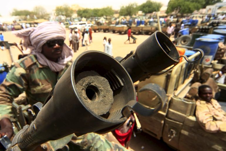 Vehicles and weapons of the Justice and Equality Movement (JEM) rebels are seen on display, after victory celebrations by the Sudanese Armed Forces (SAF) and the Rapid Support Forces (RSF), in Niyala Capital of South Darfur, May 4, 2015. REUTERS/Stringer