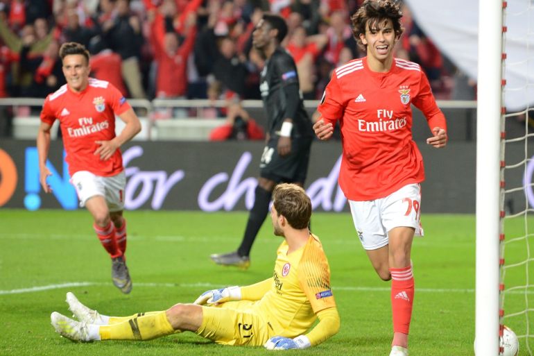 LISBON, PORTUGAL - APRIL 11: Joao Felix of Benfica celebrates after scoring his team's fourth goal during the UEFA Europa League Quarter Final First Leg match between Benfica and Eintracht Frankfurt at Estadio do Sport Lisboa e Benfica on April 11, 2019 in Lisbon, Portugal. (Photo by Octavio Passos/Getty Images)