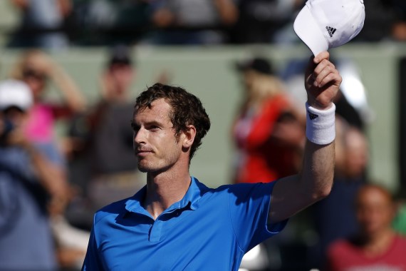Mar 25, 2014; Miami, FL, USA; Andy Murray waves to the crowd after his match against Jo-Wilfried Tsonga (not pictured) on day nine of the Sony Open at Crandon Tennis Center. Murray won 6-4, 6-1. Mandatory Credit: Geoff Burke-USA TODAY Sports