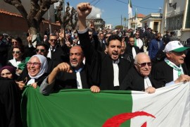 epa07503462 Algerian lawyers and judges gather for a demonstration for the independence of the judiciary outside the Justice Ministry headquartersin Algiers,ALgeria on 13 April 2019.Media reports state that Abdelkader Bensalah has said that Algeria will hold presidential elections on 04 July 2019. EPA-EFE/MOHAMED MESSARA