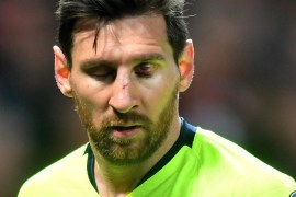 MANCHESTER, ENGLAND - APRIL 10: An injured Lionel Messi of Barcelona during the UEFA Champions League Quarter Final first leg match between Manchester United and FC Barcelona at Old Trafford on April 10, 2019 in Manchester, England. (Photo by Michael Regan/Getty Images)