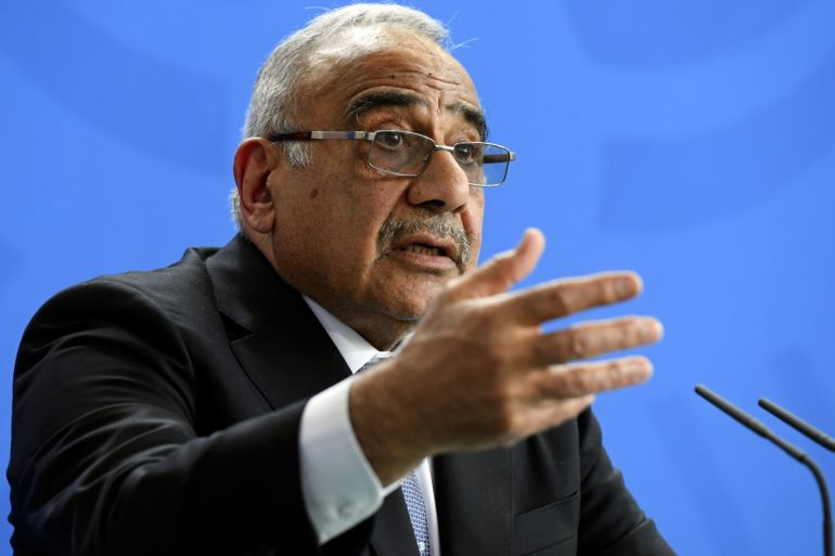 Iraqi Prime Minister Adil Abdul-Mahdi speaks during a news conference with German Chancellor Angela Merkel (not pictured) at the Chancellery in Berlin, Germany, April 30, 2019. REUTERS/Annegret Hilse