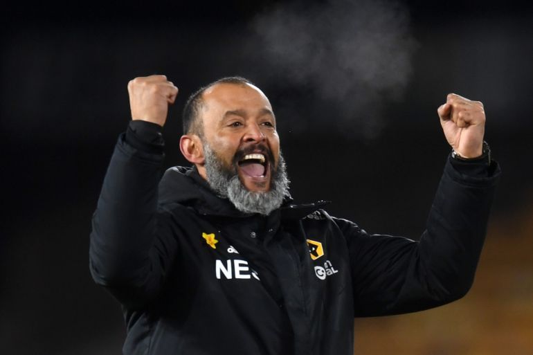 WOLVERHAMPTON, ENGLAND - APRIL 02: Nuno Espirito Santo, Manager of Wolverhampton Wanderers celebrates following his sides victory in the Premier League match between Wolverhampton Wanderers and Manchester United at Molineux on April 02, 2019 in Wolverhampton, United Kingdom. (Photo by Michael Regan/Getty Images)