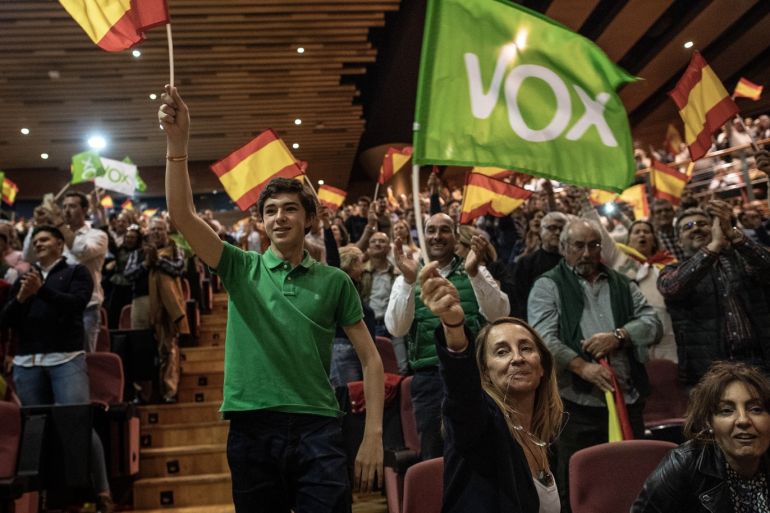 GRANADA, SPAIN - APRIL 17: Supporters of far right wing party VOX wave Spanish and VOX flags as they attend a rally at Palacios de Congresos on April 17, 2019 in Granada, Spain. More than 36 million Spaniards are called to vote on April 28 in a general election to elect the 350 seats of the Parliament of Spain and the 266 seats of the Senate of Spain. (Photo by David Ramos/Getty Images)