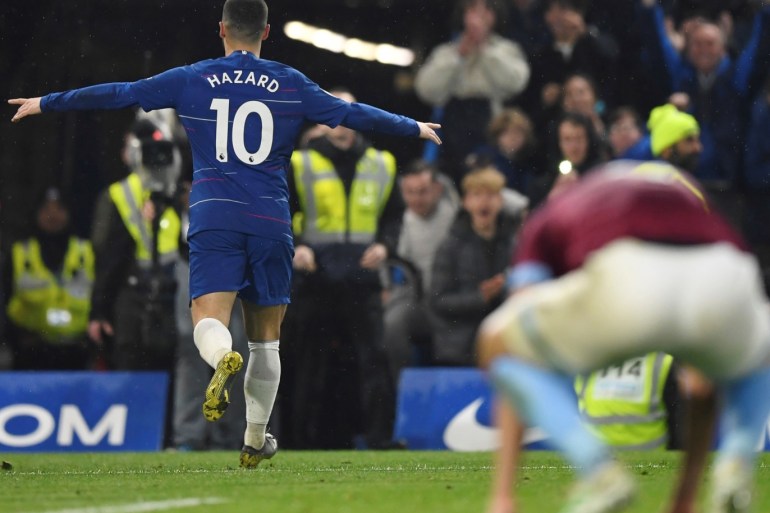 Soccer Football - Premier League - Chelsea v West Ham United - Stamford Bridge, London, Britain - April 8, 2019 Chelsea's Eden Hazard celebrates scoring their second goal Action Images via Reuters/Tony O'Brien EDITORIAL USE ONLY. No use with unauthorized audio, video, data, fixture lists, club/league logos or