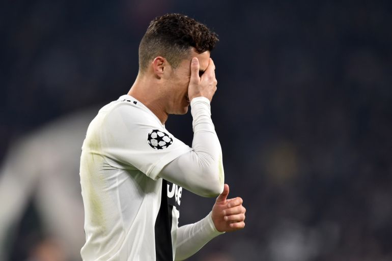 TURIN, ITALY - MARCH 12: Cristiano Ronaldo of Juventus shows his dejection during the UEFA Champions League Round of 16 Second Leg match between Juventus and Club de Atletico Madrid at Allianz Stadium on March 12, 2019 in Turin, . (Photo by Tullio M. Puglia/Getty Images)
