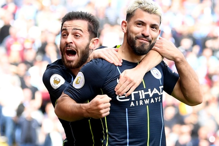 BURNLEY, ENGLAND - APRIL 28: Sergio Aguero of Manchester City (10) celebrates after scoring his team's first goal with Bernardo Silva during the Premier League match between Burnley FC and Manchester City at Turf Moor on April 28, 2019 in Burnley, United Kingdom. (Photo by Michael Regan/Getty Images)