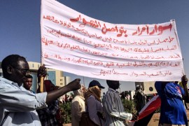 Demonstrations in Sudan- - KHARTOUM, SUDAN - APRIL 13: Sudanese protestors gather in front of central military headquarters demanding a civilian transition government, in Khartoum, Sudan on April 13, 2019.
