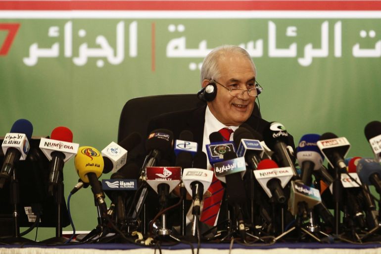 Algerian Interior Minister Tayeb Belaiz announces President Abdelaziz Bouteflika's re-election victory to the media at a hotel in Algiers April 18, 2014. Bouteflika, the aging independence veteran already in power for 15 years, won re-election on Friday after a vote opponents dismissed as a stage-managed fraud to keep the ailing leader in power. REUTERS/Ramzi Boudina (ALGERIA - Tags: POLITICS ELECTIONS)