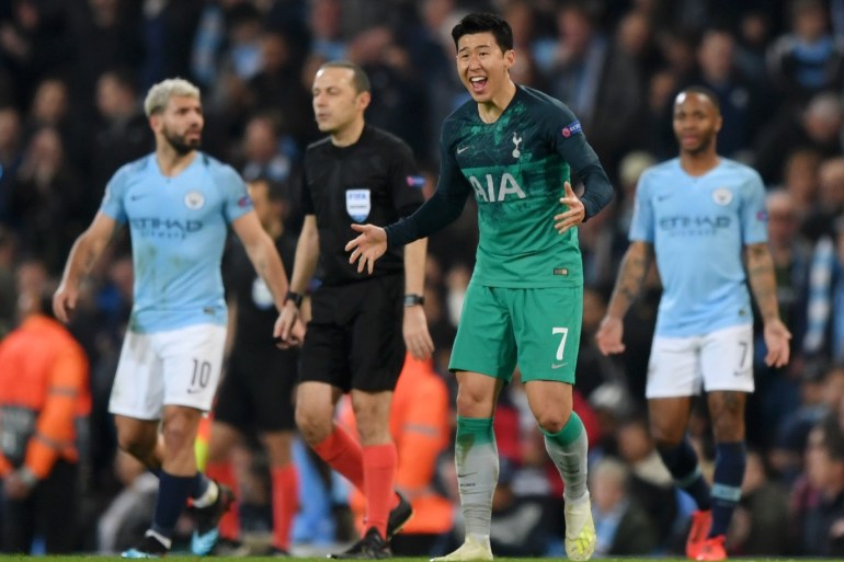 MANCHESTER, ENGLAND - APRIL 17: Heung-Min Son of Tottenham Hotspur reacts during the UEFA Champions League Quarter Final second leg match between Manchester City and Tottenham Hotspur at at Etihad Stadium on April 17, 2019 in Manchester, England. (Photo by Shaun Botterill/Getty Images)