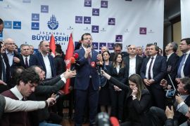 Ekrem Imamoglu becomes new Istanbul mayor- - ISTANBUL, TURKEY - APRIL 17: Istanbul mayor-elect Ekrem Imamoglu (C) makes a speech after receiving his certificate at Istanbul Metropolitan Municipality building in Sarachane of Istanbul, Turkey on April 17, 2019.
