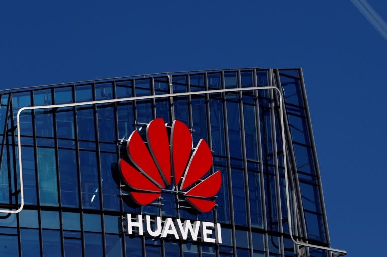 Huawei sign is seen on a building in Vilnius, Lithuania March 30, 2019. REUTERS/Ints Kalnins