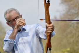 HIPPERHOLME, WEST YORKSHIRE - APRIL 15: Labour party leader Jeremy Corbyn fires a bow and arrow during an archery lesson as he visits Youth Crime Reduction Centre on April 15, 2019 in Hipperholme, West Yorkshire. The outdoor activities project works to divert young people from offending and re-offending. (Photo by Anthony Devlin/Getty Images)