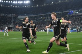 Soccer Football - Champions League Quarter Final Second Leg - Juventus v Ajax Amsterdam - Allianz Stadium, Turin, Italy - April 16, 2019 Ajax's Matthijs de Ligt celebrates scoring their second goal with Daley Blind and team mates REUTERS/Alberto Lingria TPX IMAGES OF THE DAY