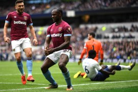 LONDON, ENGLAND - APRIL 27: Michail Antonio of West Ham United celebrates after scoring his team's first goal during the Premier League match between Tottenham Hotspur and West Ham United at Tottenham Hotspur Stadium on April 27, 2019 in London, United Kingdom. (Photo by Shaun Botterill/Getty Images)