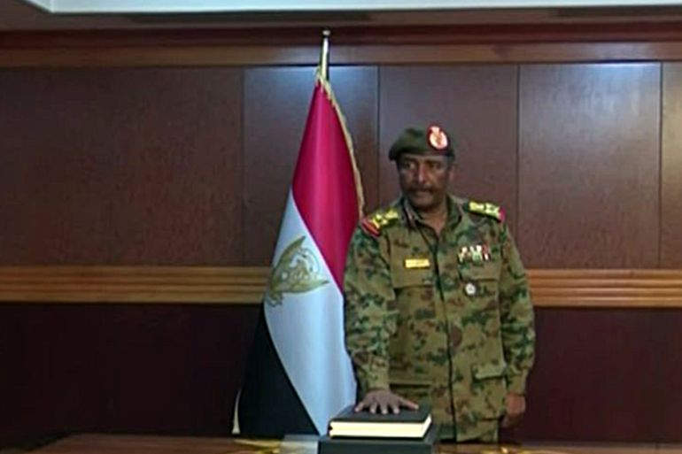 KHARTOUM, SUDAN - APRIL 12: A screen grab captured from a video shows Lieutenant General Abdel Fattah Burhan swearing in as the new head of the transitional military council in Khartoum, Sudan on April 12, 2019. (Photo by Stringer/Anadolu Agency/Getty Images)