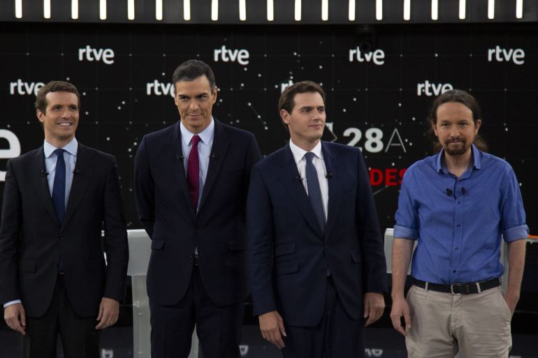 MADRID, SPAIN - APRIL 22: (L-R) People's Party (PP) party leader Pablo Casado, Spain's Prime Minister and Socialist Party (PSOE) leader Pedro Sanchez, Citizens (Ciudadanos) party leader Albert Rivera and Unidas Podemos (United We Can) party leader Pablo Iglesias attend as candidates for the Spain's general elections to a debate at RTVE studios on April 22, 2019 in Pozuelo de Alarcon, Madrid province, Spain. More than 36 millions Spaniards are called to vote on April 28 in a general election to elect the 350 seats of the Parliament of Spain and the 266 seats of the Senate of Spain. (Photo by Pablo Blazquez Dominguez/Getty Images)