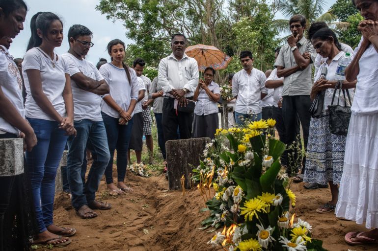 NEGOMBO, SRI LANKA - APRIL 25: People attend a funeral for a person killed in the Easter Sunday attack on St Sebastian's Church, on April 25, 2019 in Negombo, Sri Lanka. At least 359 people were killed and 500 people injured after coordinated attacks on churches and hotels on Easter Sunday which rocked three churches and three luxury hotels in and around Colombo as well as at Batticaloa in Sri Lanka. According to reports, police have identified eight out of nine attack