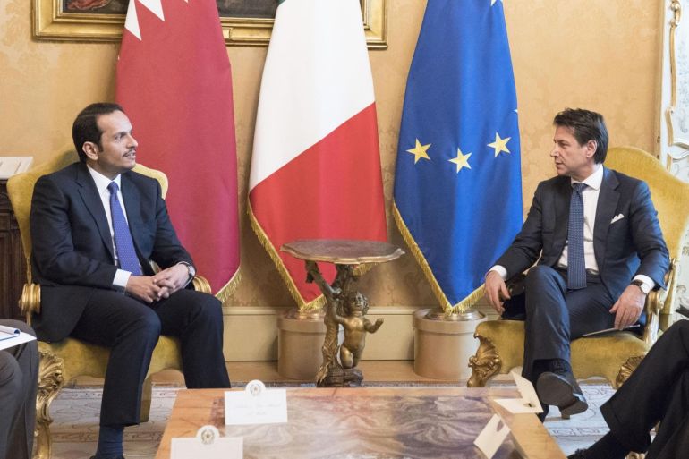 epa07508398 A handout photo made available by Chigi Palace (Palazzo Chigi) Press Office shows Italian Prime Minister Giuseppe Conte (R) and Qatari Deputy Prime Minister and Minister of Foreign Affairs Sheikh Mohammed Bin Abdulrahman Bin Jassim Al Thani during their meeting at Chigi Palace in Rome, Italy, 15 April 2019. Al Thani is on an official visit to Italy. EPA-EFE/PALAZZO CHIGI HANDOUT HANDOUT EDITORIAL USE ONLY/NO SALES