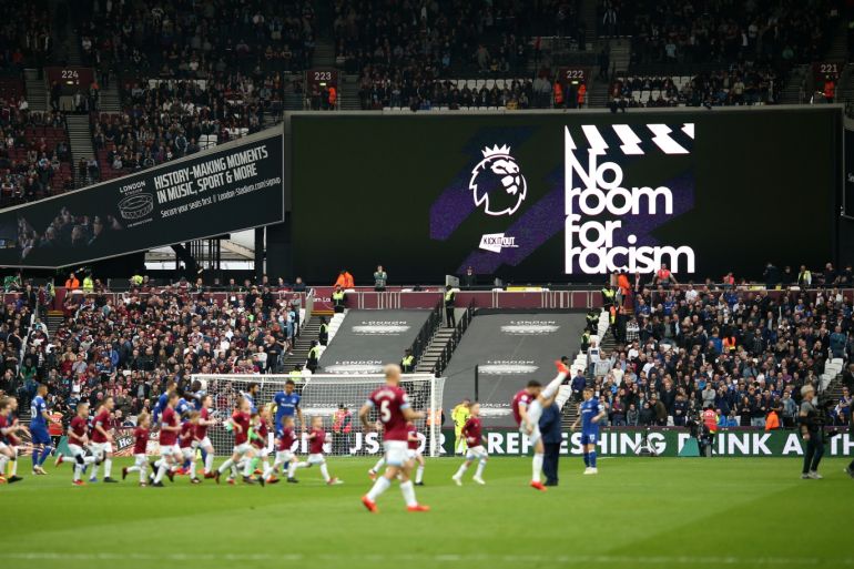 LONDON, ENGLAND - MARCH 30: The LED screen shows the No Room for Racism ahead of the Premier League match between West Ham United and Everton FC at London Stadium on March 30, 2019 in London, United Kingdom. (Photo by Paul Harding/Getty Images)