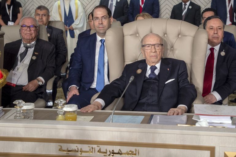 30th Arab League Summit in Tunis- - TUNIS, TUNISIA - MARCH 31: Tunisian President Beji Caid Essebsi attends the opening session of the 30th Arab League Summit in Tunis, Tunisia on March 31, 2019.