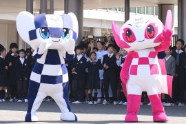 TOKYO, JAPAN - MARCH 12: Tokyo 2020 mascots Miraitowa (L) and Someity (R) attend the Tokyo 2020 caravan bus departure event at the Panasonic Center Tokyo on March 12, 2019 in Tokyo, Japan. (Photo by Atsushi Tomura/Getty Images)