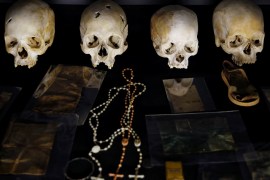 Sculls and personal items of victims of the Rwandan genocide are seen as part of a display at the Genocide Memorial in Gisozi in Kigali, Rwanda April 6, 2019.REUTERS/Baz Ratner