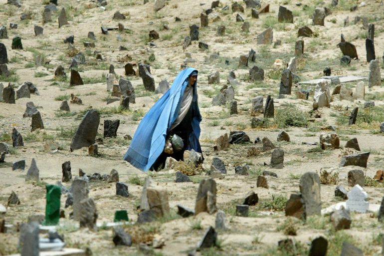 An Afghan woman walks through a cemetry in Kabul, June 27, 2003. Millions ofAfghans died in the last several years of past conflict and wars in thecountry. CARE, the world's largest private international humanitarianorganisation, estimates there are at least 10,000 war widows in Kabul.NO RIGHTS CLEARANCES OR PERMISSIONS ARE REQUIRED FOR THIS IMAGE REUTERS/Arko DattaAD/DL