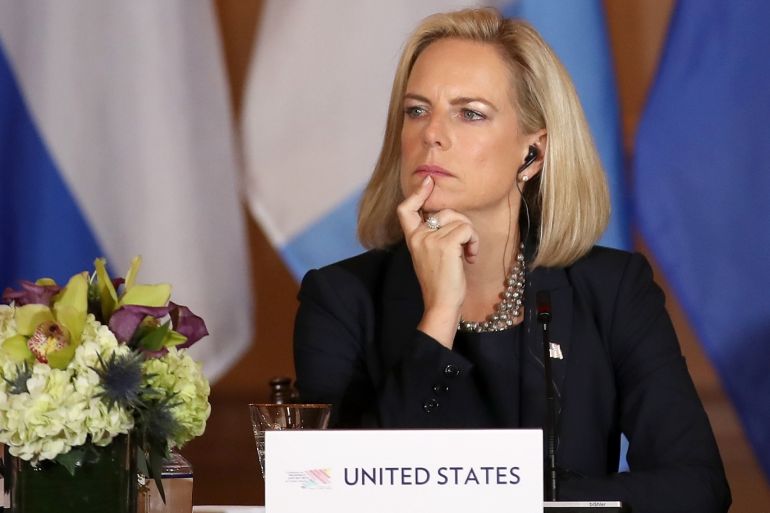 WASHINGTON, DC - OCTOBER 11: Homeland Security Secretary Kirstjen Nielsen looks on during the Conference for Prosperity and Security in Central America on October 11, 2018 in Washington, DC. Leaders from the Central American countries of Mexico, Guatemala, El Salvador and Honduras met with U.S. leaders at the second Conference for Prosperity and Security in Central America. Justin Sullivan/Getty Images/AFP== FOR NEWSPAPERS, INTERNET, TELCOS & TELEVISION USE ONLY ==