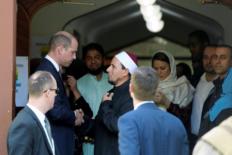 Imam Gamal Fouda of Masjid Al Noor bids farewell to Britain's Prince William after his visit to Masjid Al Noor in Christchurch, New Zealand April 26, 2019. REUTERS/Tracey Nearmy/Pool