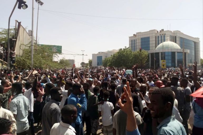 Demonstrations in Sudan- - KHARTOUM, SUDAN - APRIL 7: Sudanese protesters, demanding the resignation of Sudanese President Omar Al-Bashir, stage a demonstration against high cost of living, fuel and cash shortage in front of army headquarters building in Khartoum, Sudan on April 7, 2019.