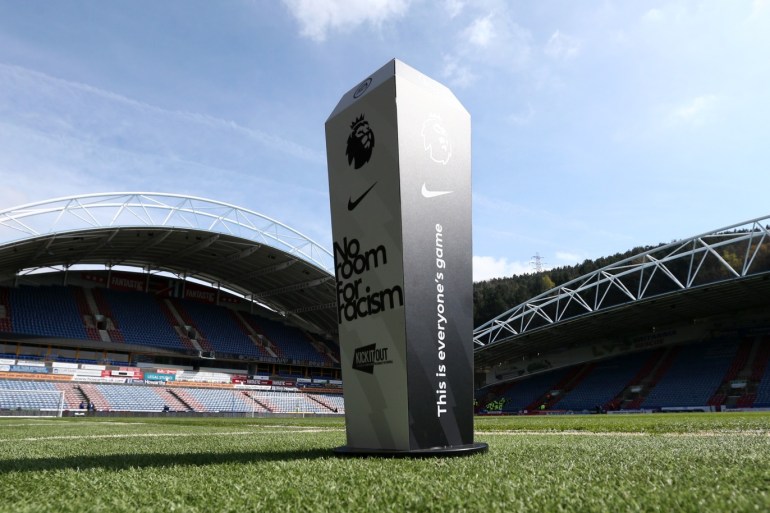 HUDDERSFIELD, ENGLAND - APRIL 06: A plinth supporting the No Room For Racism campaign is seen prior to the Premier League match between Huddersfield Town and Leicester City at John Smith's Stadium on April 06, 2019 in Huddersfield, United Kingdom. (Photo by Jan Kruger/Getty Images)