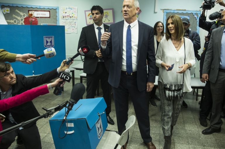 ROSH HA'AYIN, ISRAEL - APRIL 09: Benny Gantz, Blue and White leader and his wife, Revital speak to the media after casting thier ballot at a polling station in Rosh Ha'ayin as Israelis vote for the parliamentary election on April 9, 2019 in Rosh Ha'ayin, Israel. (Photo by Amir Levy/Getty Images)