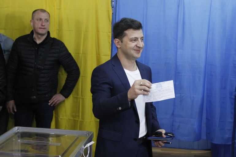 Ukrainian presidential election in Kiev- - KIEV, UKRAINE - APRIL 21: Ukrainian presidential candidate Volodymyr Zelenskiy casts his ballots at a polling station during the second round of Ukraine's presidential election, in Kiev, Ukraine on April 21, 2019.