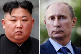 A combination of file photos shows North Korean leader Kim Jong Un attending a wreath laying ceremony at Ho Chi Minh Mausoleum in Hanoi, Vietnam March 2, 2019 and Russia's President Vladimir Putin looking on during a joint news conference with South African President Jacob Zuma after their meeting at the Bocharov Ruchei residence in the Black Sea resort of Sochi, Krasnodar region, Russia, May 16, 2013. REUTERS/Jorge Silva/Pool/Maxim Shipenkov/Pool