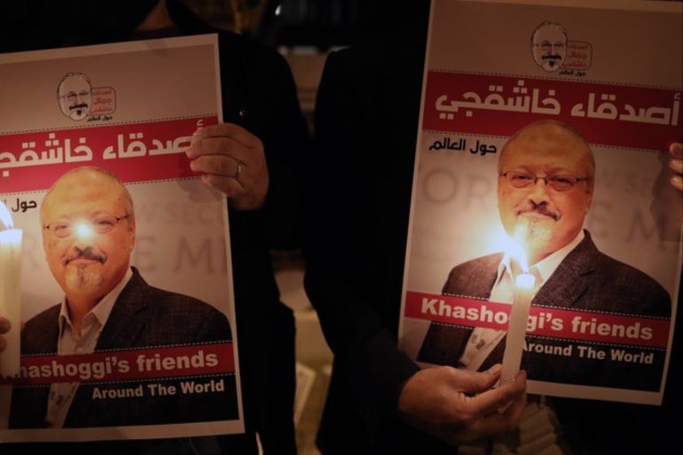 epa07176910 (FILE) - Protestors hold candles and pictures of Jamal Khashoggi during a demonstration in front of the Consulate of Saudi Arabia in Istanbul, Turkey, 25 October 2018 (reissued 19 November 2018). German Foreign Minister Heiko Maas announced on 19 November 2018, that Berlin issued a travel ban on 18 Saudi citizens over their suspected involvement for the death of dissident journalist Jamal Khashoggi at the kingdom's consulate building in Istanbul on 02 Octob