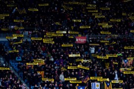 BARCELONA, SPAIN - FEBRUARY 24: Spectators show banners with the word 'Llibertat', 'Freedom' in catalan, in support of imprisoned Catalan independentist leaders during the La Liga match between Barcelona and Girona at Camp Nou on February 24, 2018 in Barcelona, Spain. (Photo by Alex Caparros/Getty Images)