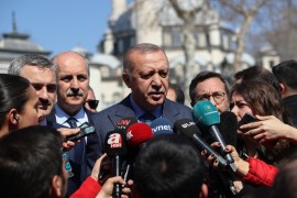 Turkish President Recep Tayyip Erdogan- - ISTANBUL, TURKEY - APRIL 05: Turkish President Recep Tayyip Erdogan speaks to press after he leaved the Eyup Sultan Mosque in Istanbul, Turkey on April 05, 2019.