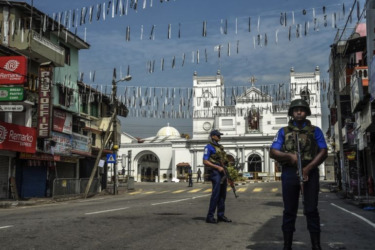 COLOMBO, SRI LANKA - APRIL 24: Security personnel stand guard at St Anthony's Church on April 24, 2019 in Colombo, Sri Lanka. At least 321 people were killed and 500 people injured after coordinated attacks on churches and hotels on Easter Sunday in and around Colombo as well as at Batticaloa in Sri Lanka. According to reports, the Islamic State group have claimed responsibility on Tuesday for the attacks while investigations show the attacks were carried out in retaliation for the Christchurch mosque shootings last month. Police have detained 40 suspects so far in connection with the suicide bombs while the government blame the attacks on local Islamist group National Thowheed Jamath (NTJ). (Photo by Atul Loke/Getty Images)
